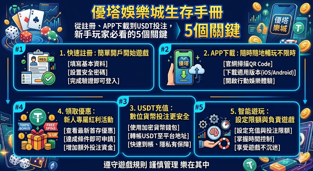 這份《優塔娛樂城生存手冊》專為新手打造,系統化整理了進入平台不可不知的五大關鍵步驟。首先,在註冊與APP下載過程中,務必認準官方加密連結以確保個資安全並享受流暢的行動端體驗。隨後,手冊深入探討了USDT虛擬貨幣投注的優勢,包含高度隱私性與快速到帳的特性,這已成為現代玩家避開傳統金流追蹤的首選。除了技術操作,新手更需掌握平台的優惠申領規則與洗碼量計算,避免因不熟悉條款而導致出金受阻。透過本指南的實戰教學,玩家能從零開始建立正確的風險控管意識,在數位娛樂環境中穩定起步。建議玩家初期先以小額測試金流流程,並善用24小時客服資源,確保在享受多元遊戲的同時,能全方位守護自身的資金安全與遊戲權益。 這份《優塔娛樂城生存手冊》專為新手打造,系統化整理了進入平台不可不知的五大關鍵步驟。首先,在註冊與APP下載過程中,務必認準官方加密連結以確保個資安全並享受流暢的行動端體驗。隨後,手冊深入探討了USDT虛擬貨幣投注的優勢,包含高度隱私性與快速到帳的特性,這已成為現代玩家避開傳統金流追蹤的首選。除了技術操作,新手更需掌握平台的優惠申領規則與洗碼量計算,避免因不熟悉條款而導致出金受阻。透過本指南的實戰教學,玩家能從零開始建立正確的風險控管意識,在數位娛樂環境中穩定起步。建議玩家初期先以小額測試金流流程,並善用24小時客服資源,確保在享受多元遊戲的同時,能全方位守護自身的資金安全與遊戲權益。